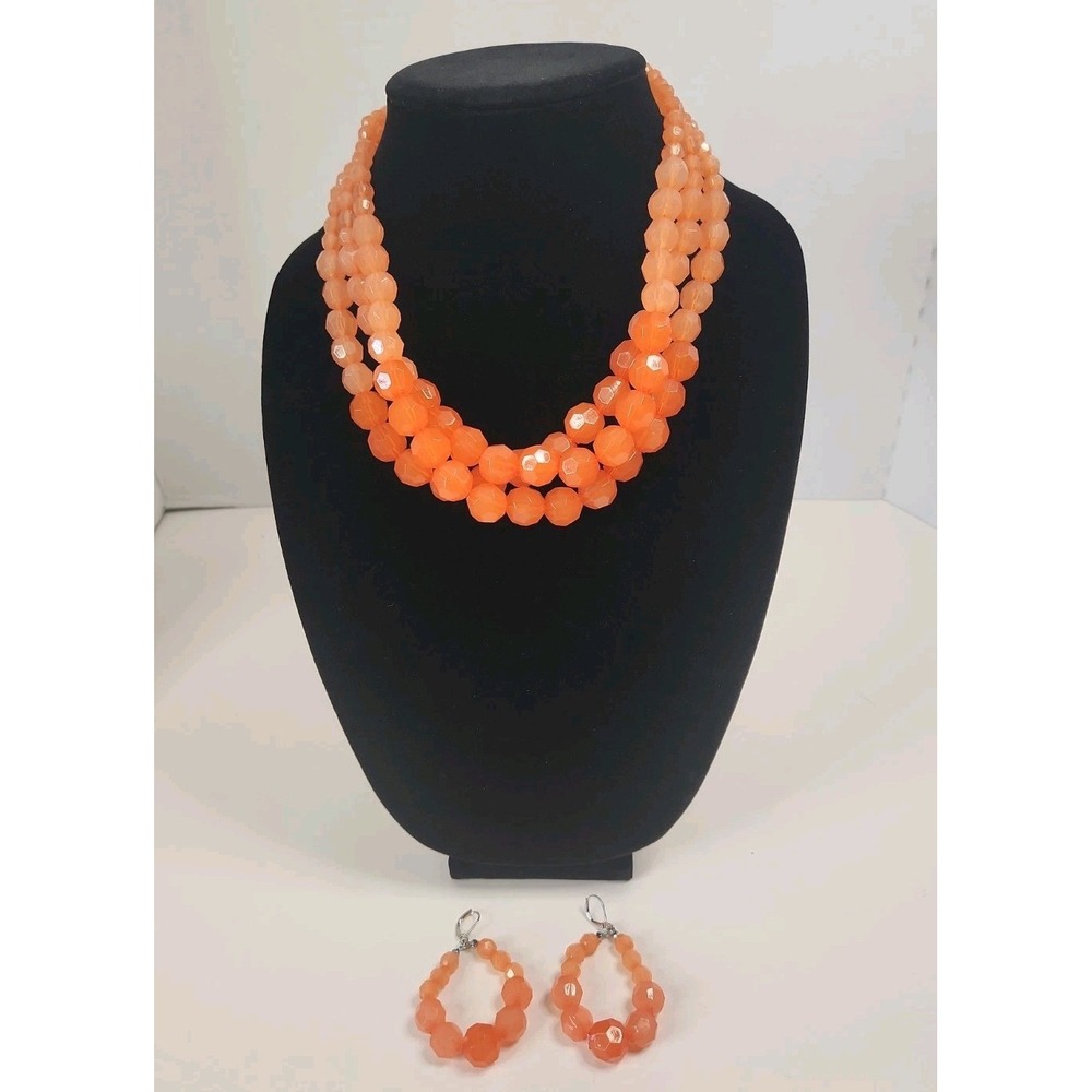 Orange Ombre Beaded Multi Strand Statement Necklace & Earring Set 21" Retro Look